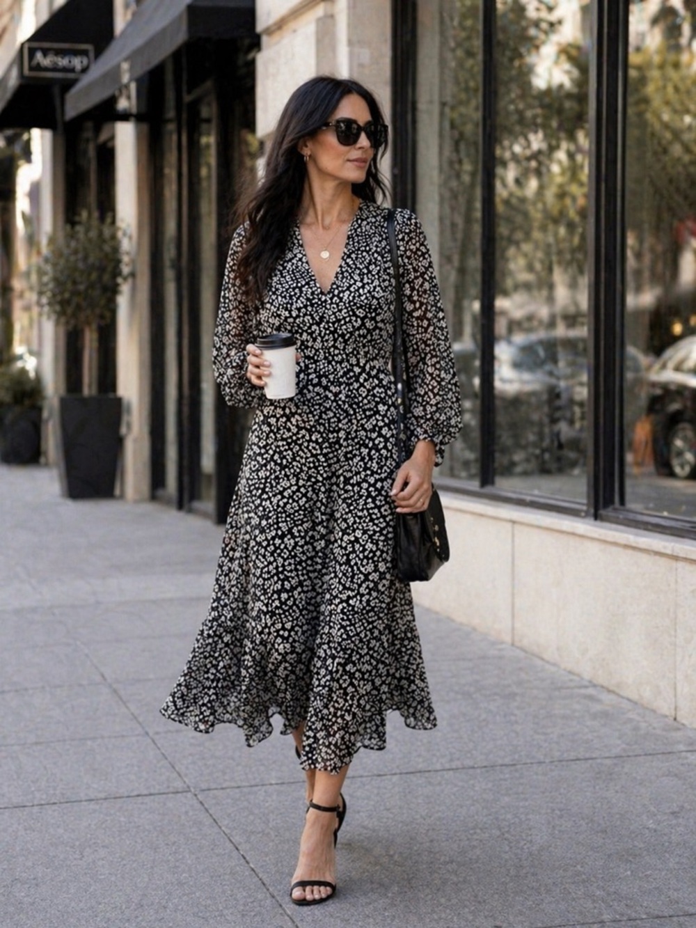 Velvet Graham Spencer Black White Midi Dress Long Sleeve Flowy Minimal Chic - Picture 4 of 5